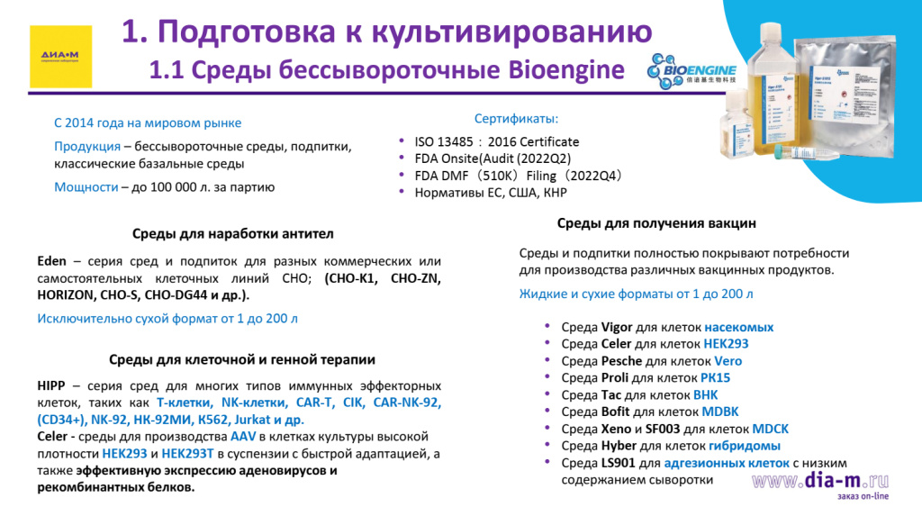 Среды бессывороточные Bioengine