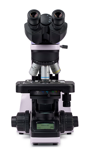 Микроскоп Magus Bio 240B, прямой, бинокуляр/тринокуляр, СП, планахромат 4×, 10×, 40×, 100× (вид спереди)