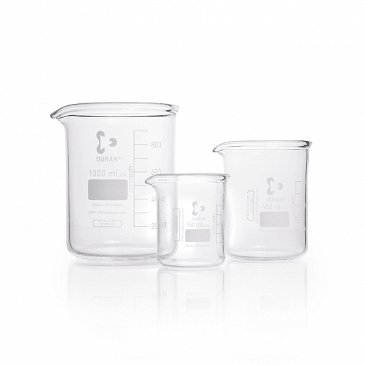 Стакан 400 мл стеклянный, с носиком и упрочненным краем, градуировка, низкий, 110х80 мм, 10 шт/уп, Duran (DWK)