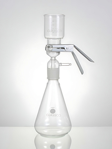 Фильтрующая установка, боросил. стекло d 47 мм, алюм. зажим, воронка 300 мл, подложка из фриттованного стекла, Glassco, Индия