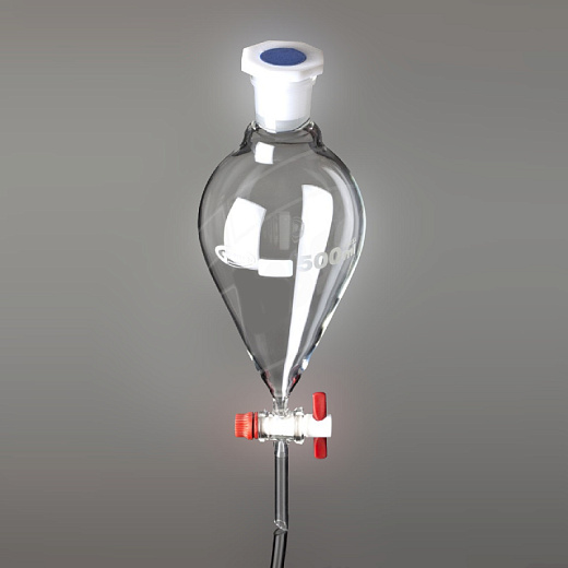 Воронка делительная, 50 мл, грушевидная, шлиф 19/26, запорный кран из PTFE, пробка ПП, 1 шт./уп., Glassco