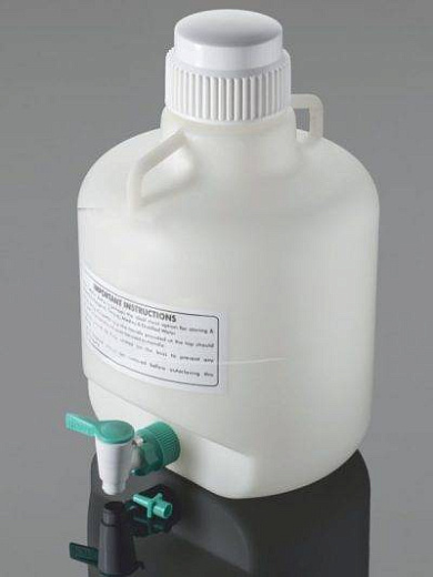 Бутыль, круглая, крышка винтовая, белый ПП, с краном ПТФЭ,  Glassco