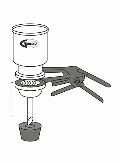 Фильтродержатель для вакуумной фильтрации, одноместный, d 47 мм, воронка 300 мл, покрытое тефлоном стекло, подложка из фриттованного стекла с тефлоном (схема)