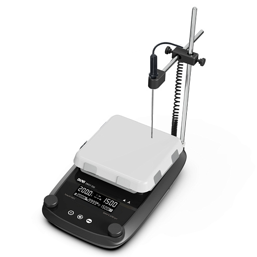 Мешалка магнитная, объём по воде 20 л, платформа 184×184 мм, нагрев до 550 °С, 50-1500 об/мин, датчик PT1000, штатив, DMS7-550M package, вид сбоку, DLab, Китай