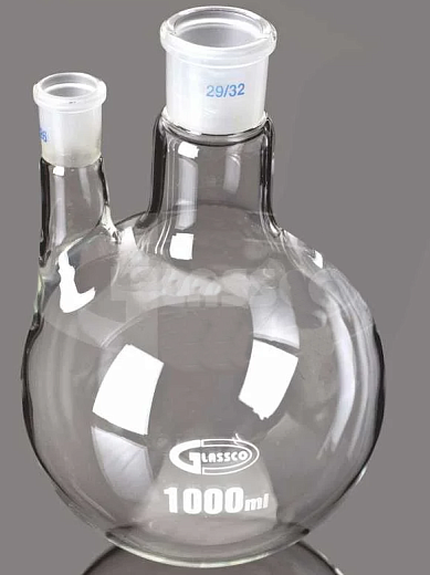 Колба двугорлая, параллельная, 500 мл, высота 163 мм, центральный шлиф 24/29, боковой шлиф 19/26