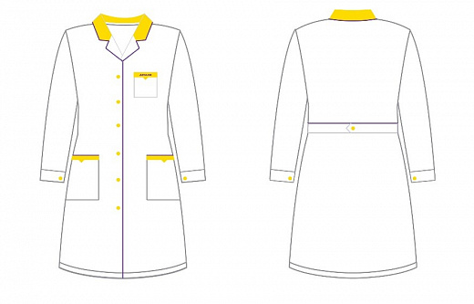 Халат лабораторный женский, хлопок/полиэстер, белый с отделкой, с манжетом, приталенный, премиум. Схема