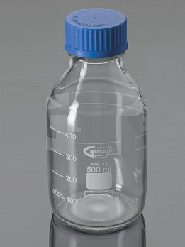 Бутыль 1000 мл, БС до 500 °С, GL45, с завинчивающейся ПП крышкой, круглая, светлое стекло, Glassco