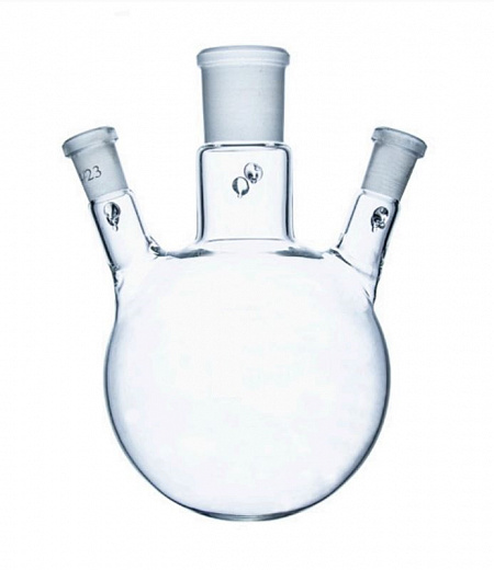 Колба трехгорлая, круглодонная, 250 мл, с 3-мя горловинами под углом 29/32 14/23 14/23, с зацепами КГУ-3, Химлаборприбор