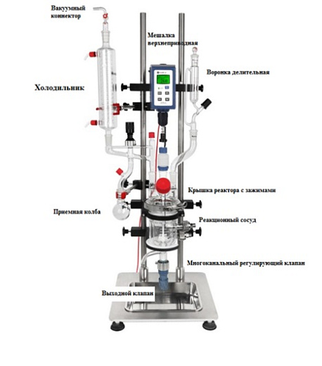 Реактор лабораторный, 200 °С, 1000 мл, все в одном, с рубашкой, верхнеприводной мешалкой OHS.4, c штативом, c многоканальным клапаном, BTG1000