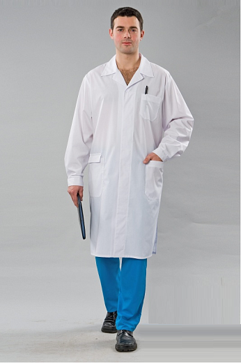 Халат лабораторный мужской, хлопок/полиэстер, с манжетой, белый, 1 шт., Россия
