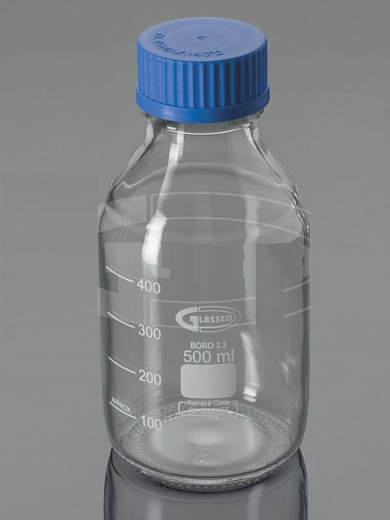 Бутыль 100 мл, БС до 500 °С, GL45, с завинчивающейся ПП крышкой, круглая, светлое стекло, Glassco